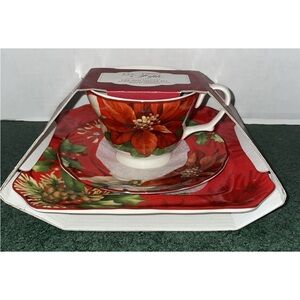 NWT Vintage 222 Fifth Red Floral Mug and Saucer Set Porcelain